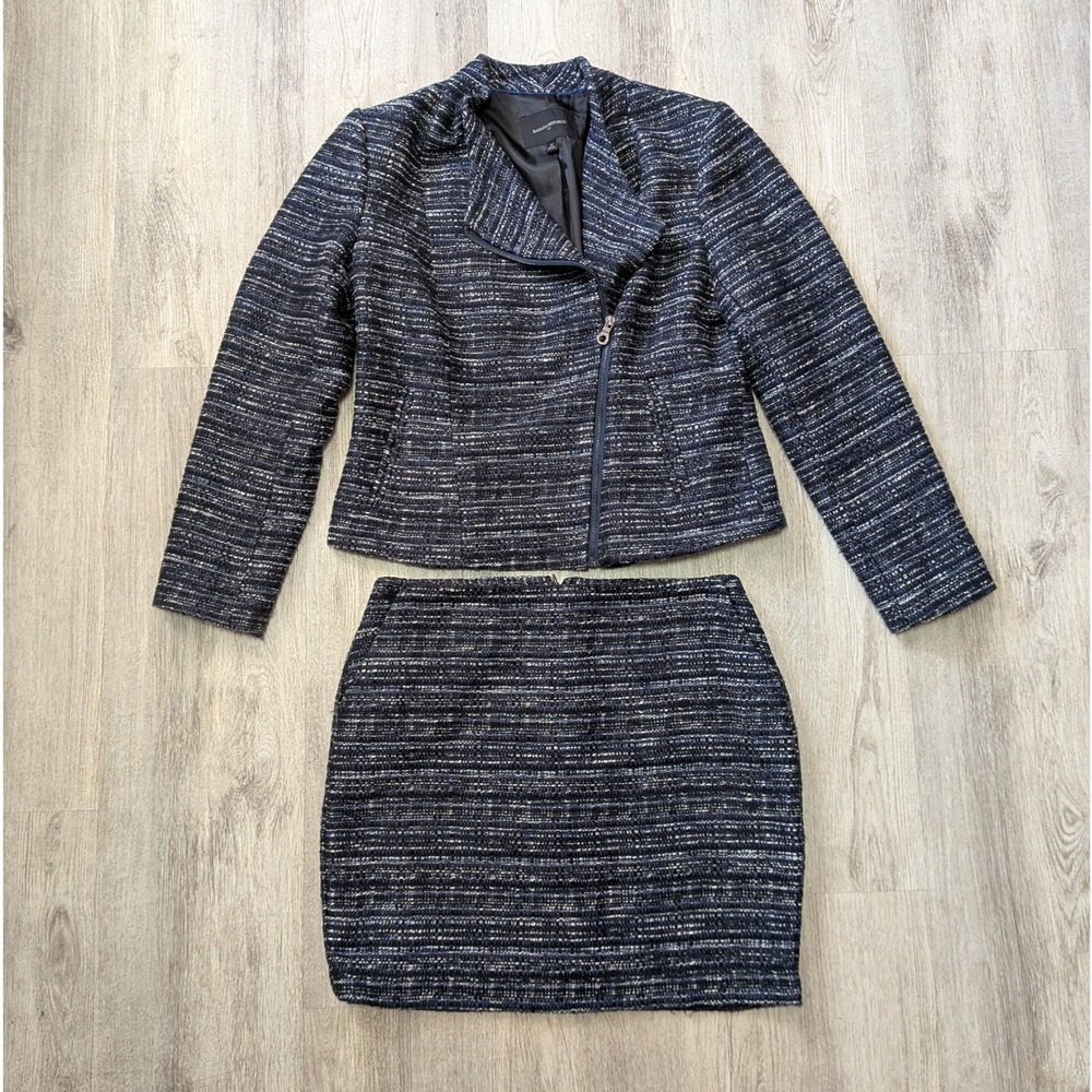 Banana Republic Tweed Skirt Suit Set Navy Blue Purple Zip Jacket 12 Skirt 8
